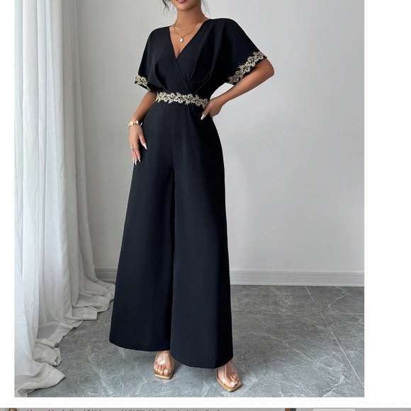 Classic V neck Floral lace Short Sleeve Stretchy Waist Wide Leg Jumpsuit - Picture 5 of 10